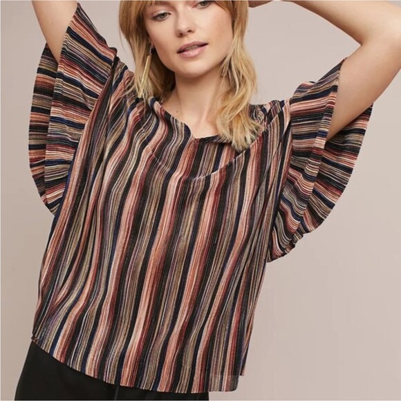 Vanessa Virginia Bienville Anthro Blouse Sz Lg Crinkle Pleats Striped Top - Picture 1 of 7